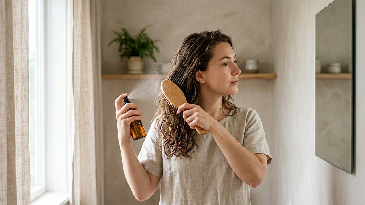 Brossage des cheveux avec une brosse en poils naturels et vaporisateur d'eau