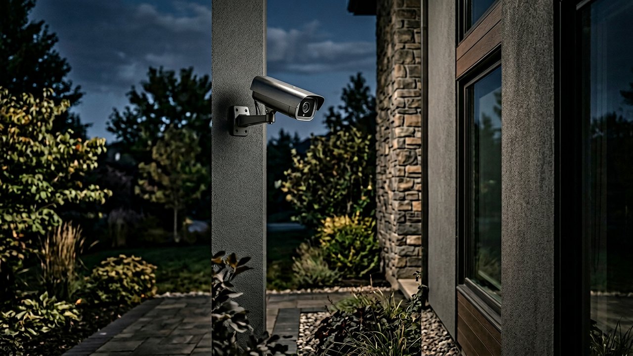 Caméra de surveillance visible sur la façade extérieure d'une maison