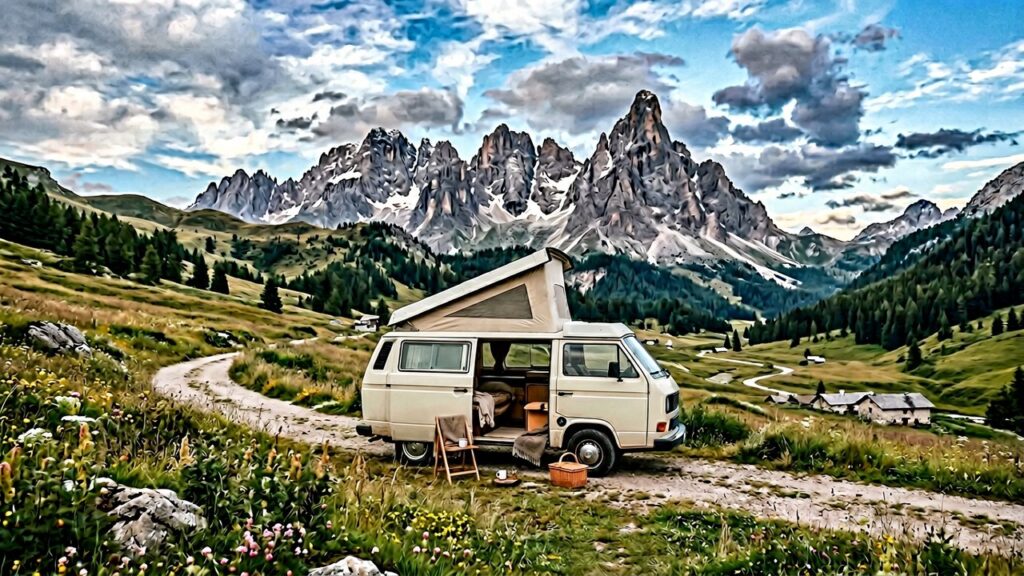 Camping-car garé dans un paysage européen montagneux