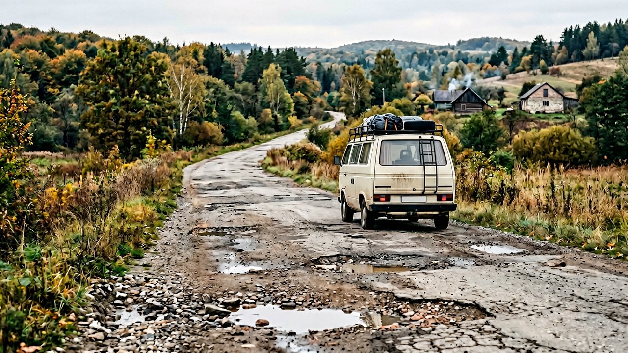 Camping-car sur une route dégradée avec nids-de-poule en Europe centrale