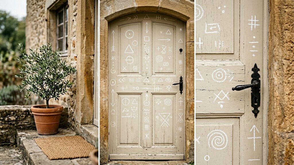 Marques et symboles tracés à la craie sur la porte d'une maison