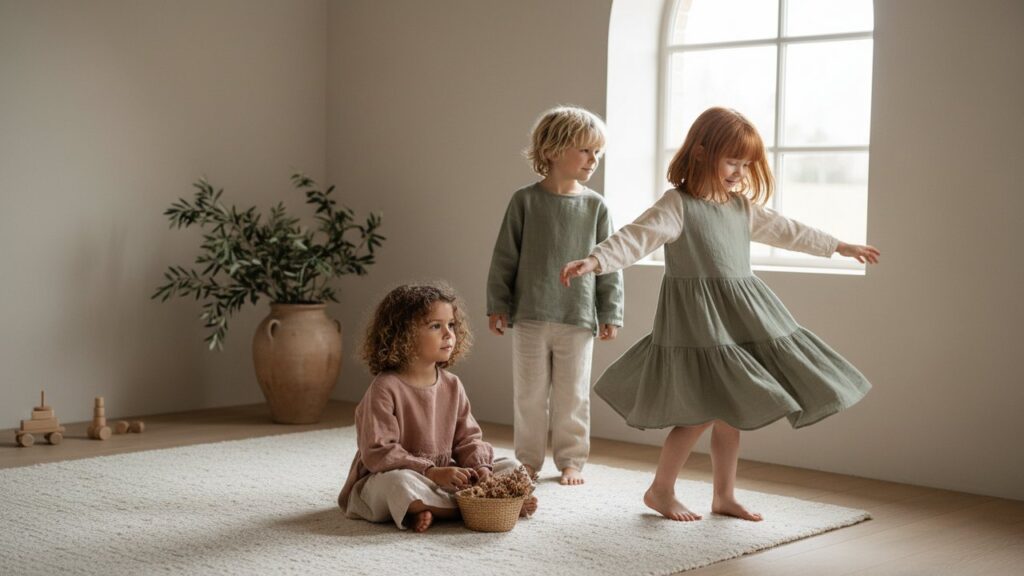 Enfants habillés aux couleurs tendance mode enfant : tons terreux et pastels