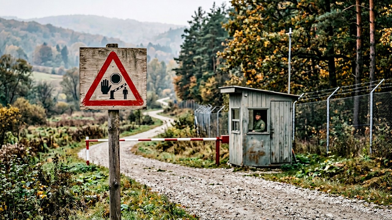 Panneau d'alerte dans une zone de conflit en Europe de l'Est