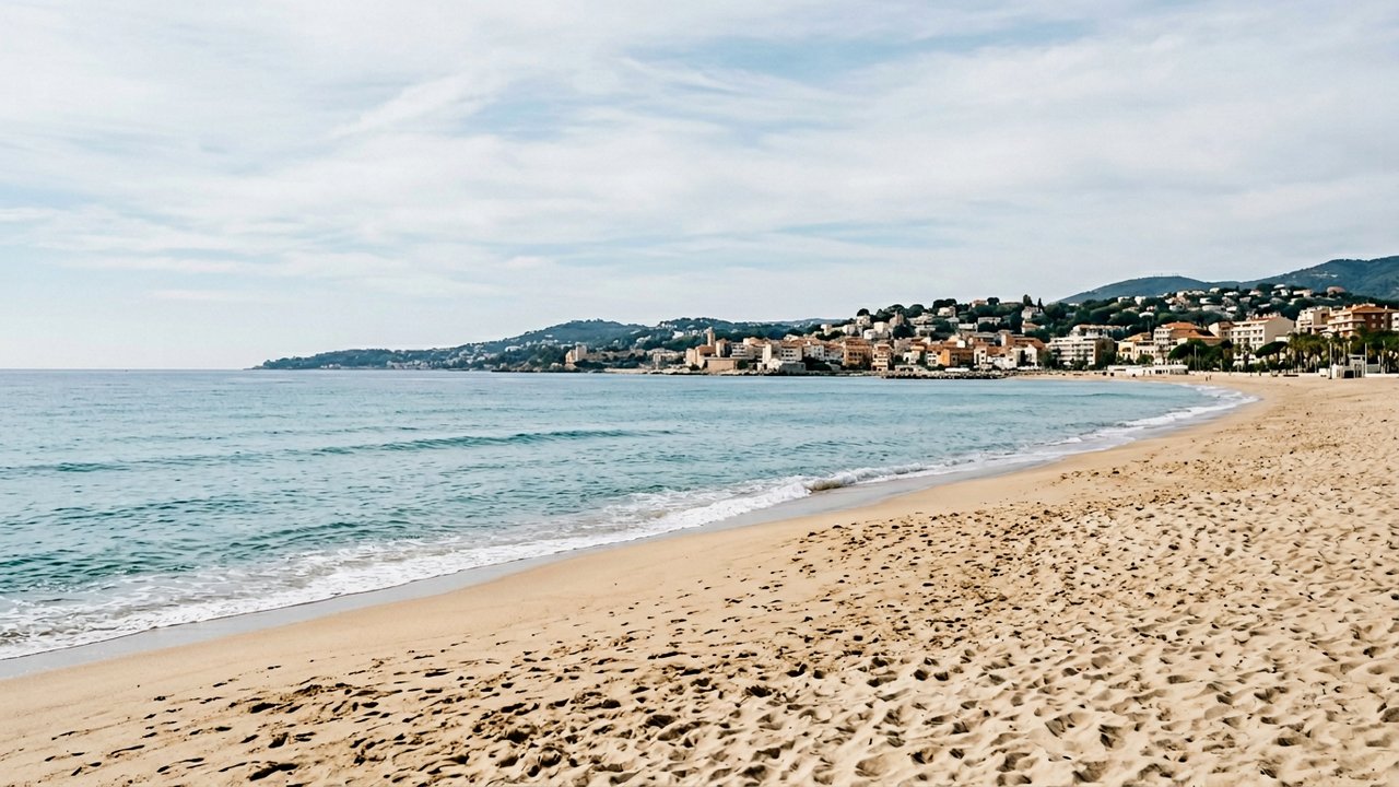 La grande plage du Trottel avec sable et mer calme face à la baie d'Ajaccio