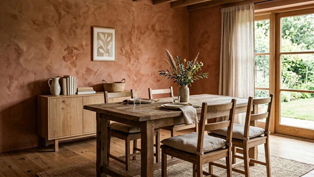 Salle à manger aux murs terracotta avec mobilier en bois