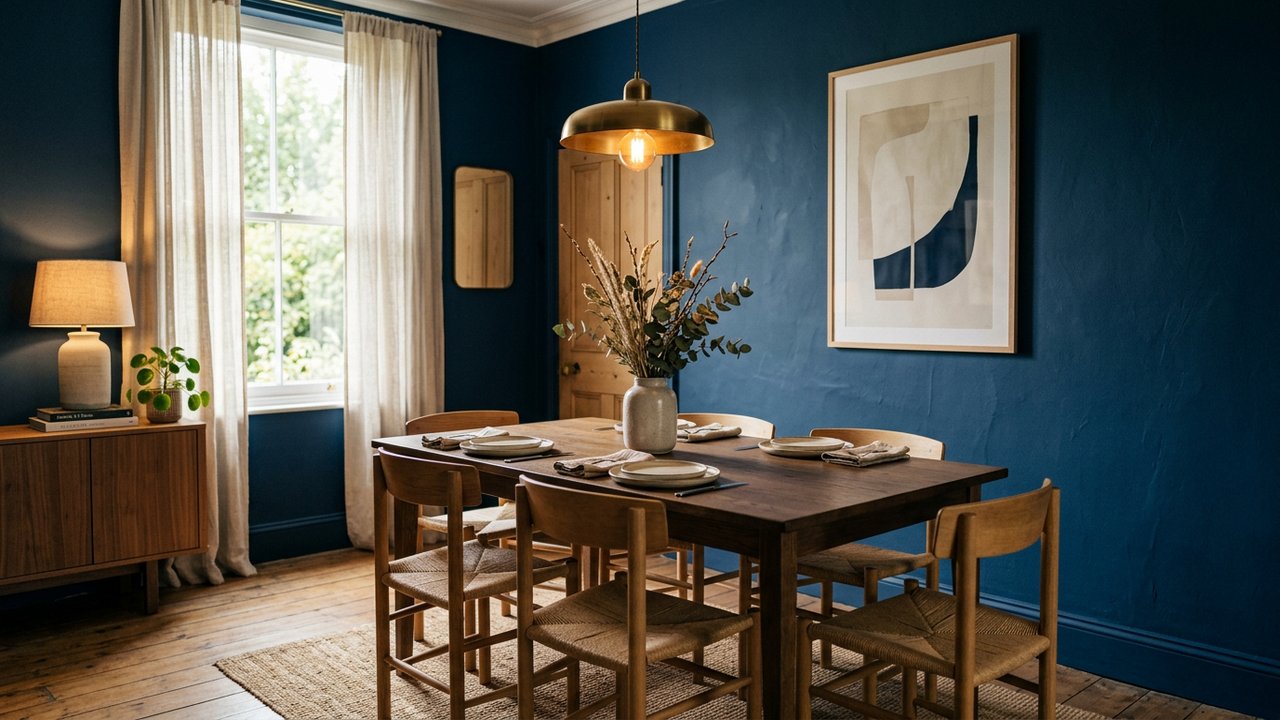 Salle à manger aux tons profonds bleu nuit avec ambiance intimiste
