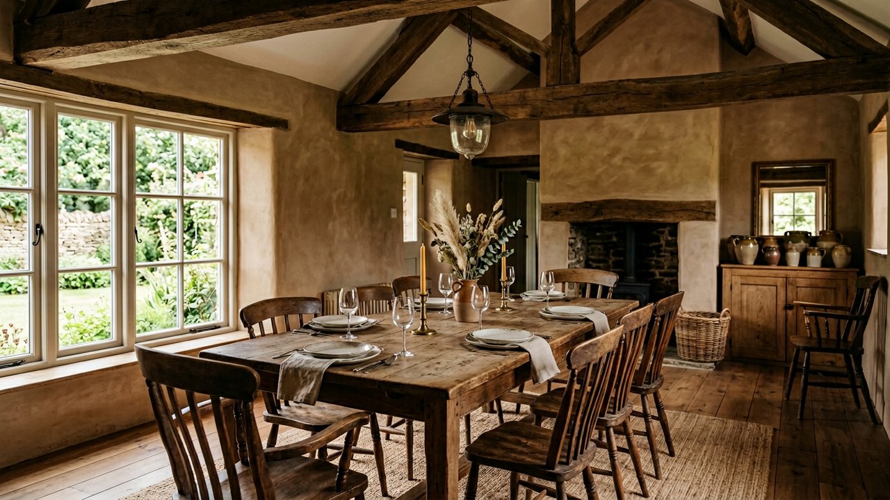 Salle à manger rustique avec bois massif et couleurs chaudes naturelles
