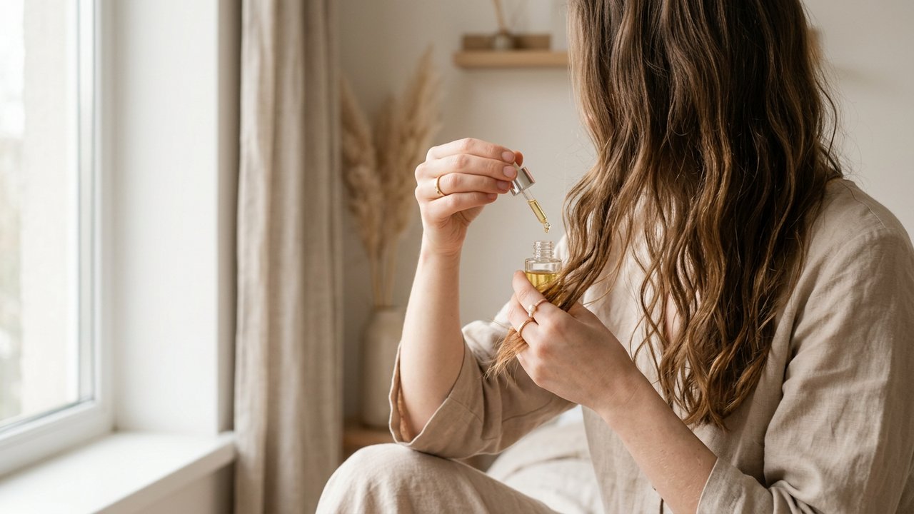 Application d'un sérum ou d'une huile sur les longueurs des cheveux