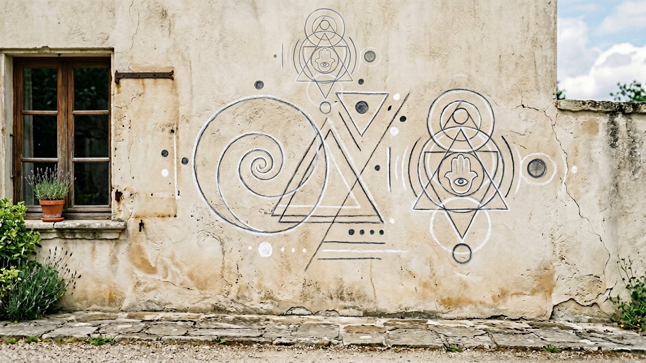Symboles géométriques et codes tracés à la craie sur la façade d'une maison