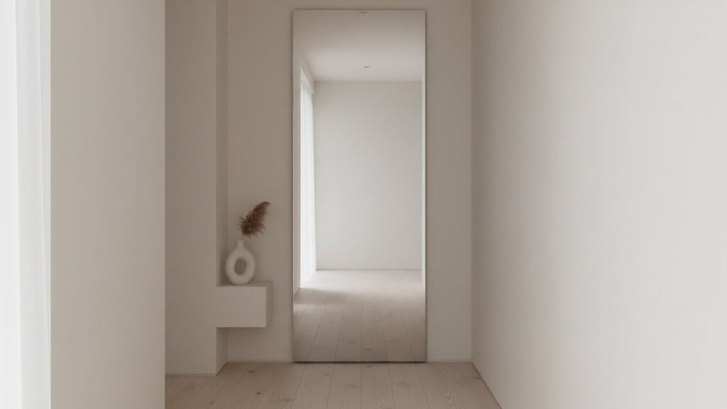 Grand miroir rectangulaire agrandissant visuellement un couloir étroit