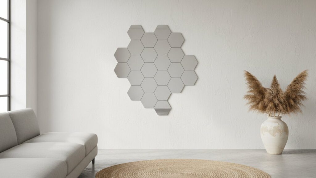 Miroir de forme géométrique hexagonale sur un mur blanc